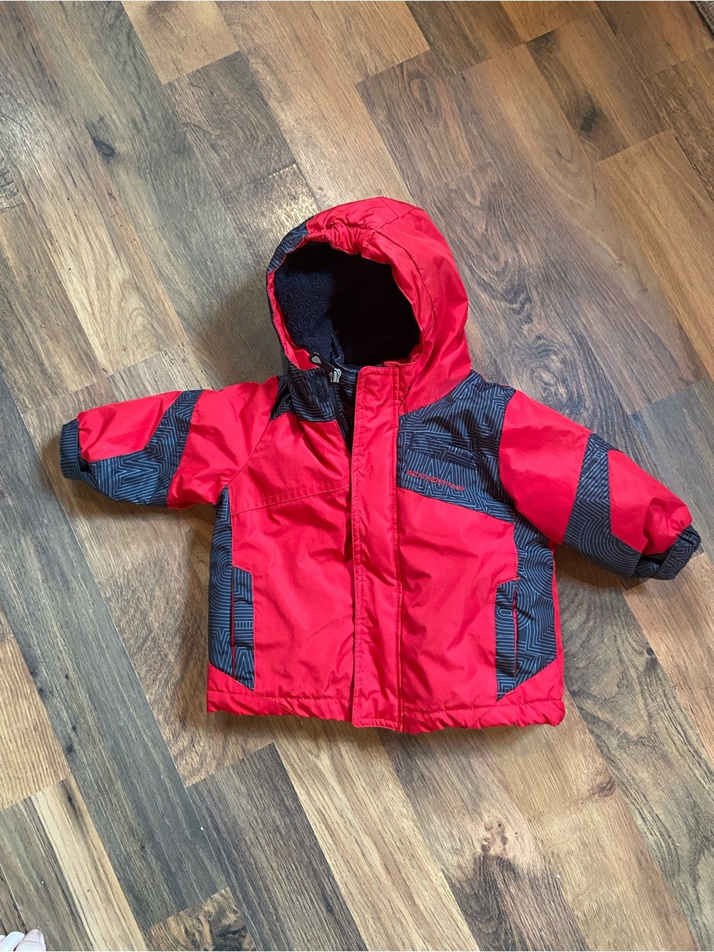 Weatherproof Red Hooded Kids Puffer Jacket with Charcoal Accents
